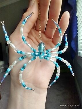 Hand Crafted • Light Blue & White Beaded Spider Charm